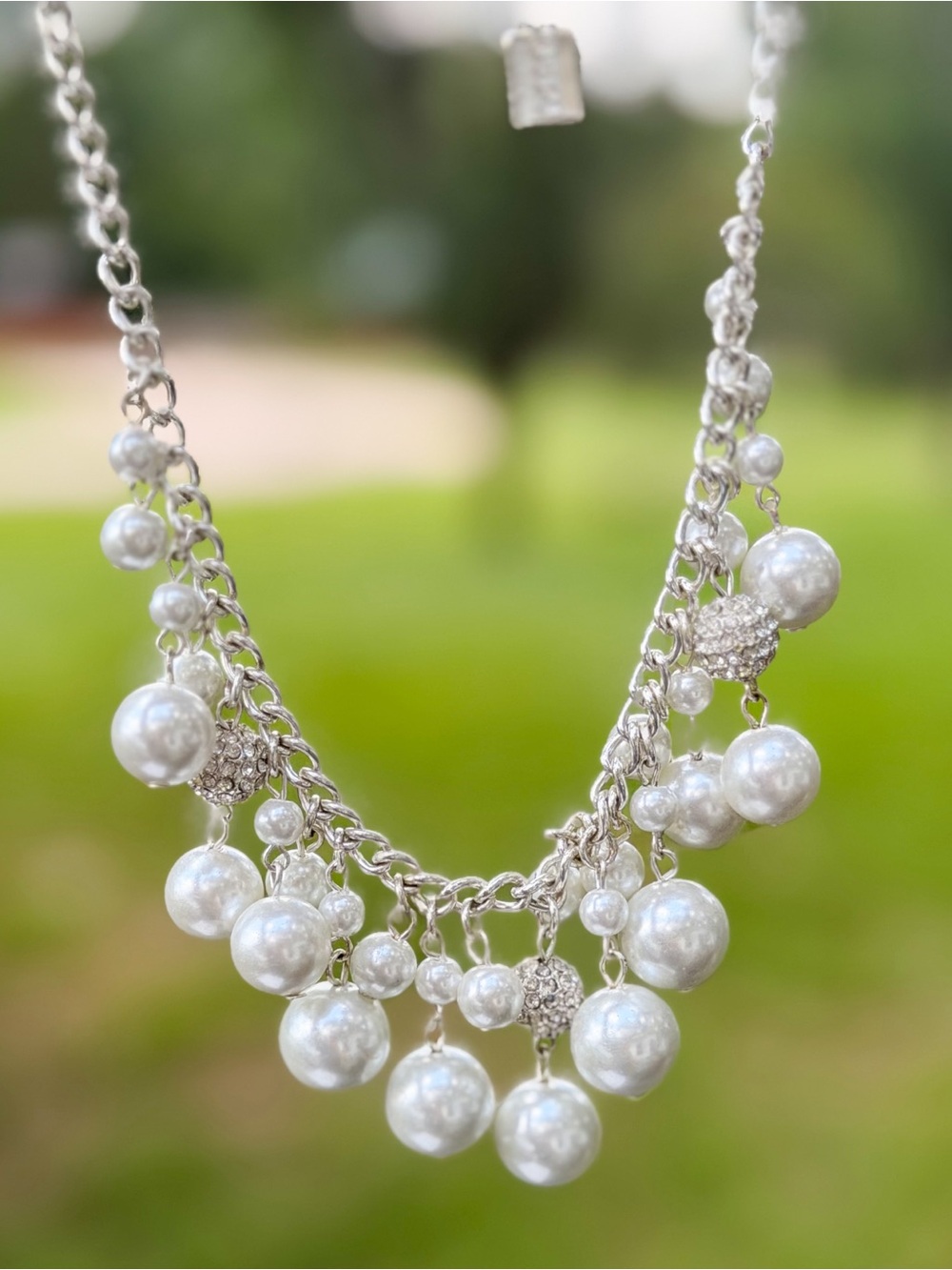 Chaps RL Silver Tone Faux Pearl Statement Necklace Rhinestone Accents EUC